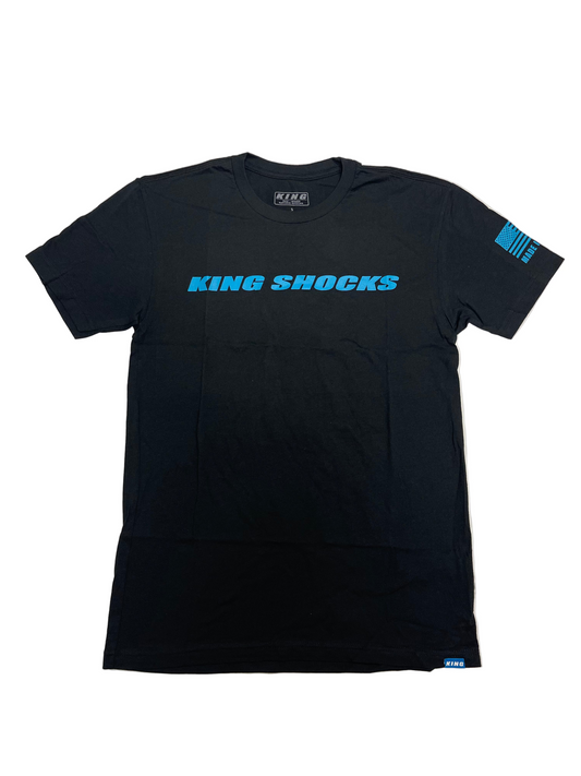 **NEW** KING SHOCKS BLACK TEE W/ NEON BLUE CHEST BANNER & BADGE LOGO BACK