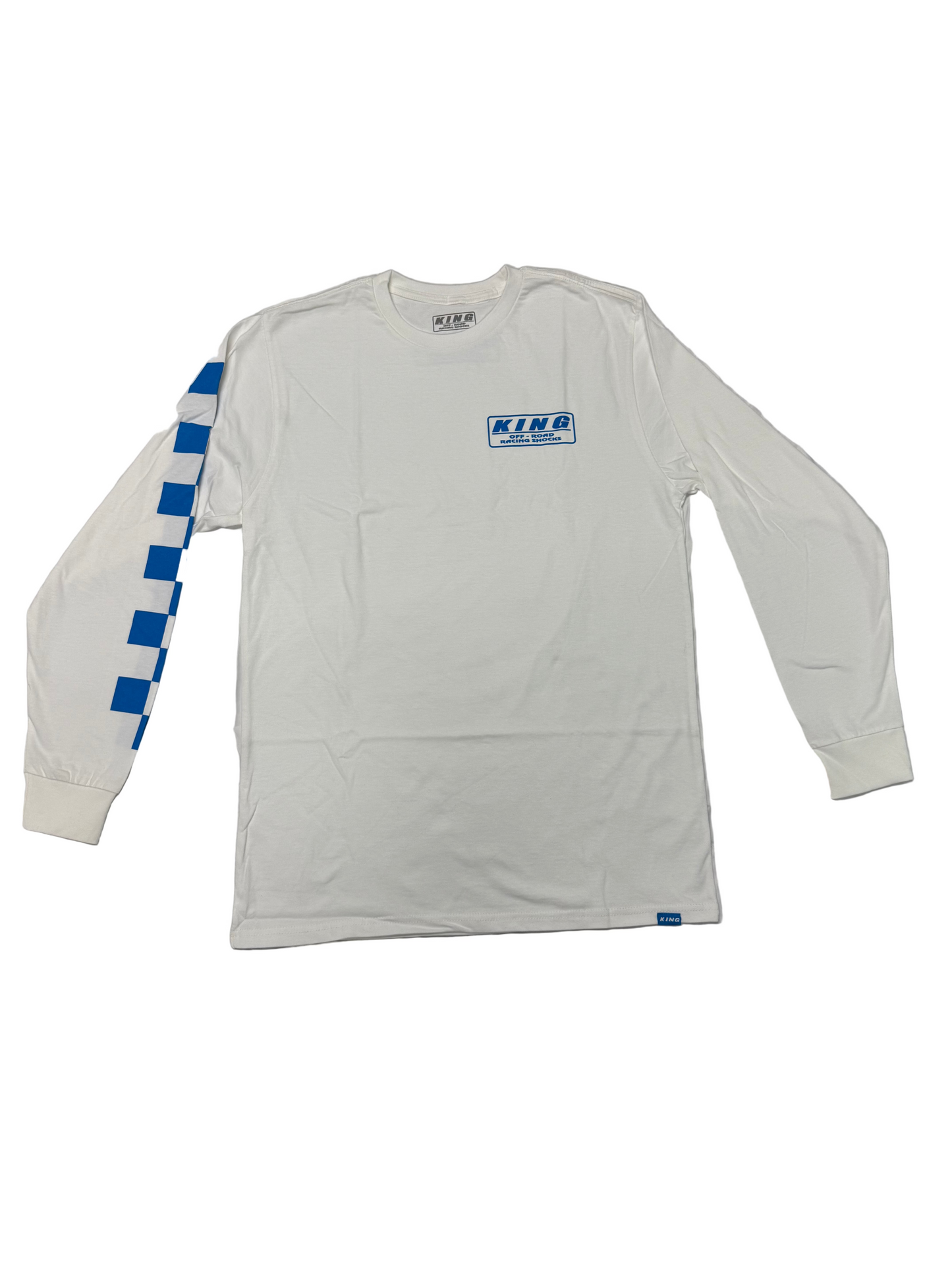 **NEW** KING SHOCKS WHITE LONG SLEEVE TEE BLUE LOGO W CHECKERED SLEEVE