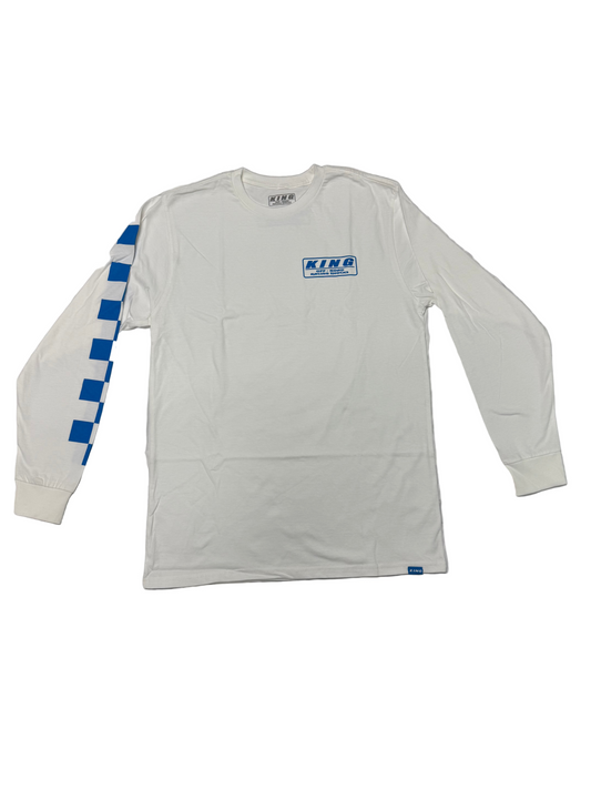 **NEW** KING SHOCKS WHITE LONG SLEEVE TEE BLUE LOGO W CHECKERED SLEEVE