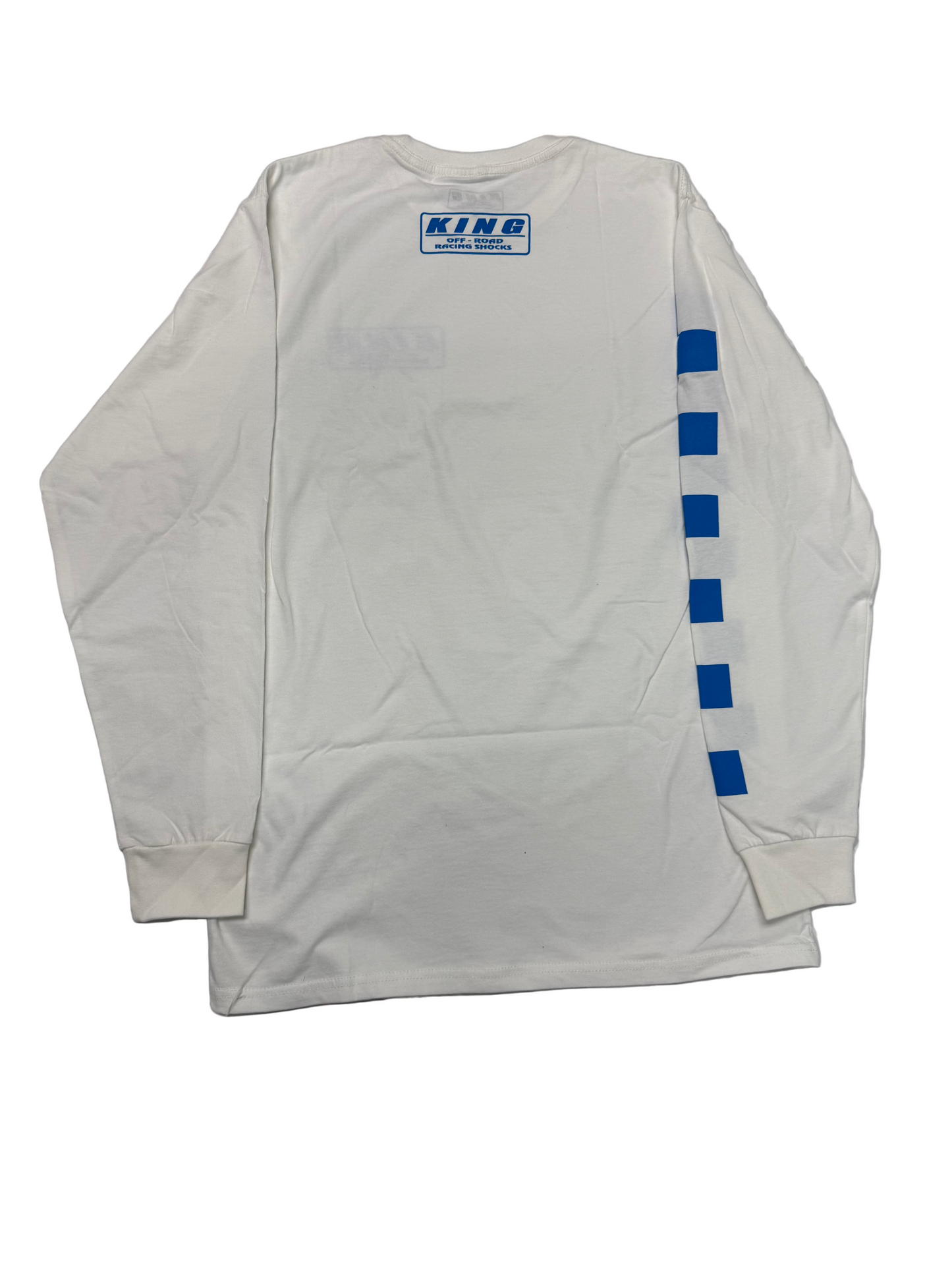 **NEW** KING SHOCKS WHITE LONG SLEEVE TEE BLUE LOGO W CHECKERED SLEEVE