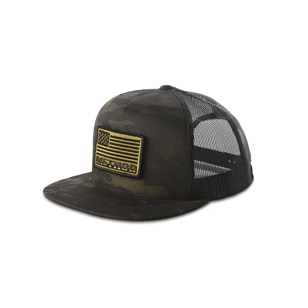 METHOD FLAG VELCRO PATCH FLATBILL TRUCKER SNAPBACK BLACK MULTICAMO