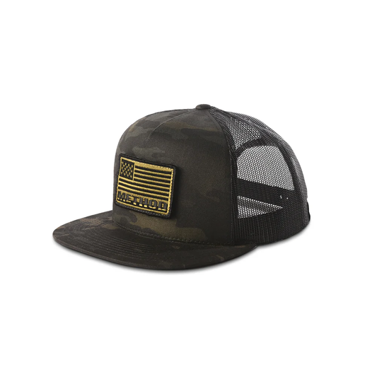 METHOD FLAG VELCRO PATCH FLATBILL TRUCKER SNAPBACK BLACK MULTICAMO