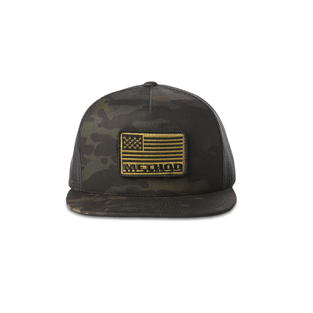 METHOD FLAG VELCRO PATCH FLATBILL TRUCKER SNAPBACK BLACK MULTICAMO
